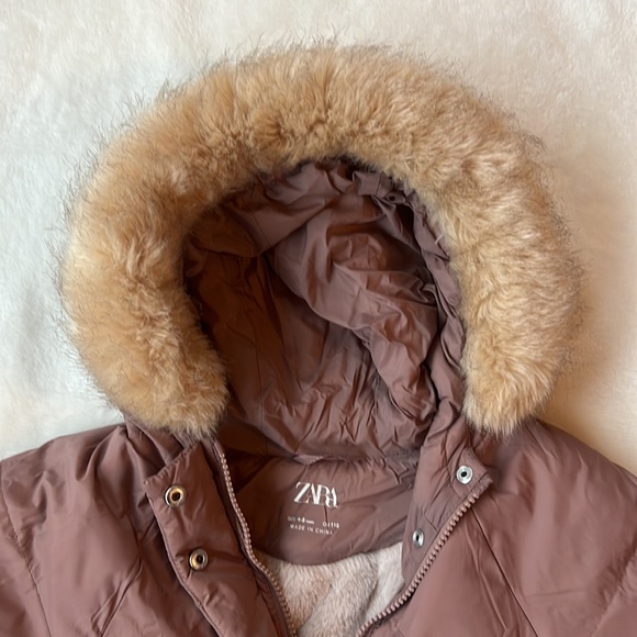 Zara girls dusty rose winter coat w faux fur hood - Picture 3 of 8